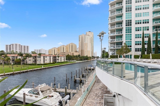 property view of water with a dock