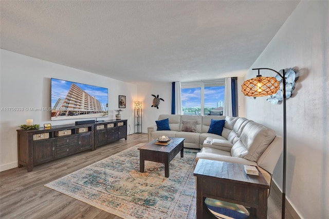 living room with a textured ceiling and light hardwood / wood-style floors