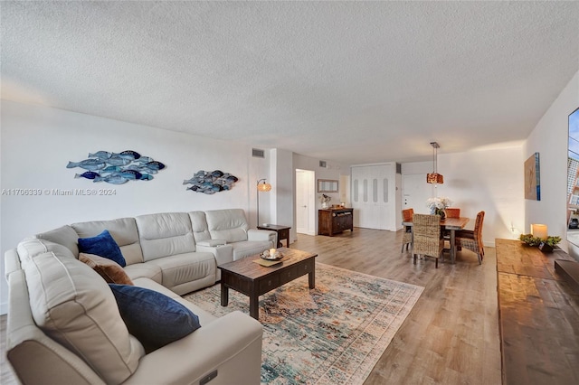 living room featuring a textured ceiling and hardwood / wood-style flooring