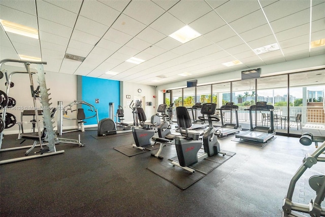 exercise room with a drop ceiling and a wealth of natural light