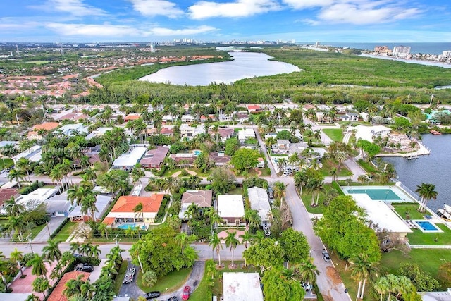 bird's eye view with a water view