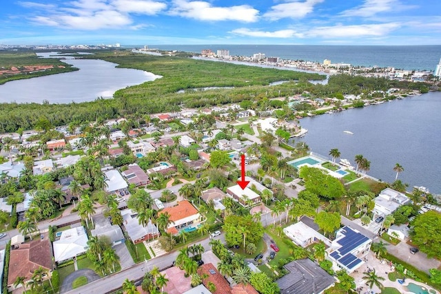 aerial view featuring a water view