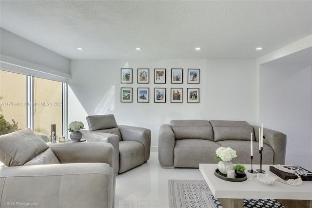 living room with a textured ceiling