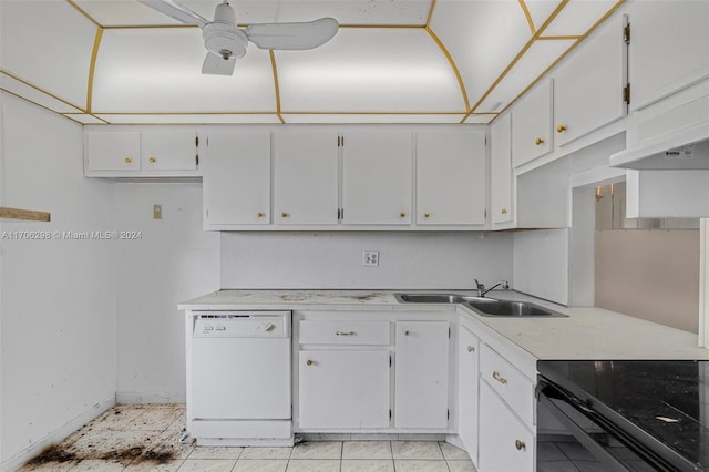 kitchen with white dishwasher, white cabinets, ceiling fan, black range with electric cooktop, and light tile patterned flooring