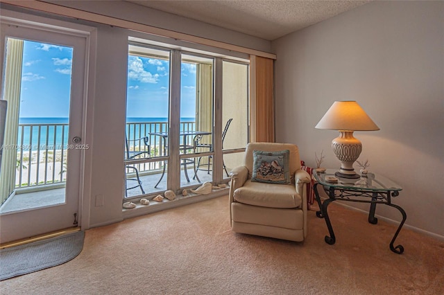 living area featuring a water view, carpet, and a textured ceiling