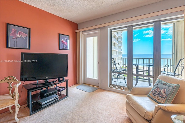 carpeted living room with a textured ceiling and a water view