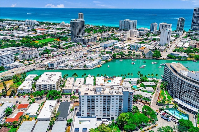 drone / aerial view with a water view