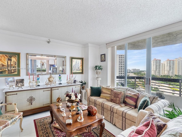 living room featuring a textured ceiling, light tile patterned flooring, and ornamental molding