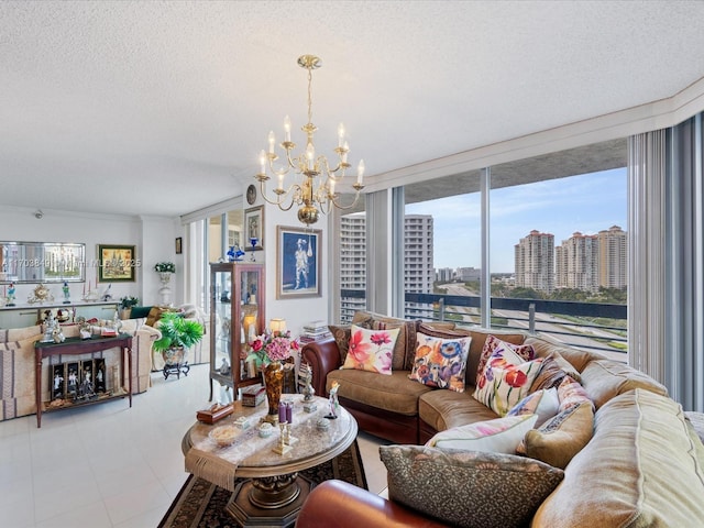 living room featuring a textured ceiling, an inviting chandelier, light tile patterned flooring, and floor to ceiling windows