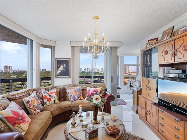 tiled living room with a textured ceiling, expansive windows, and a notable chandelier