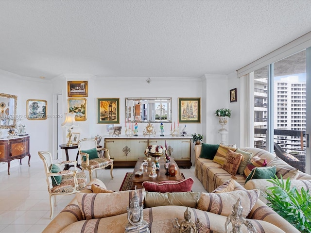 living room with a textured ceiling and light tile patterned floors