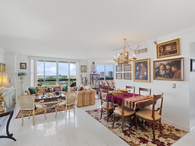 dining room featuring light tile patterned floors, crown molding, a chandelier, and a textured ceiling