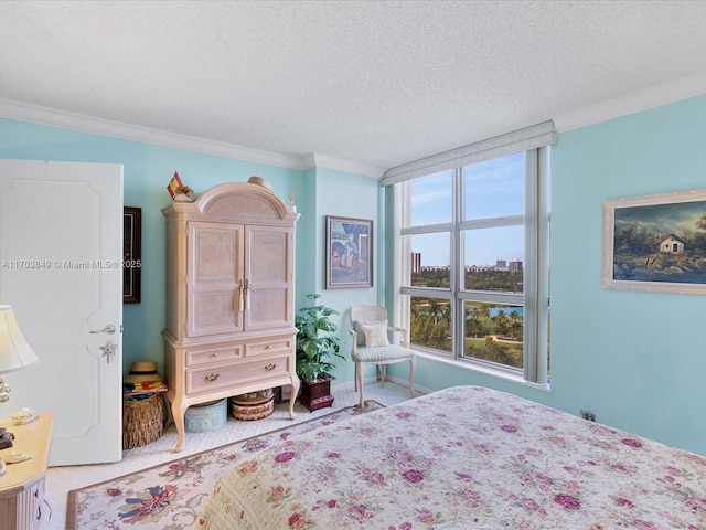 bedroom with crown molding and a textured ceiling