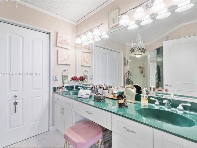 bathroom featuring a textured ceiling, tile patterned floors, walk in shower, and ornamental molding