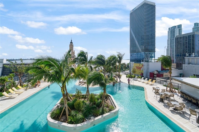 view of swimming pool featuring a patio