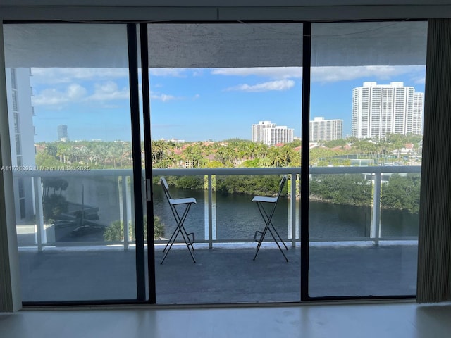 entryway with a water view