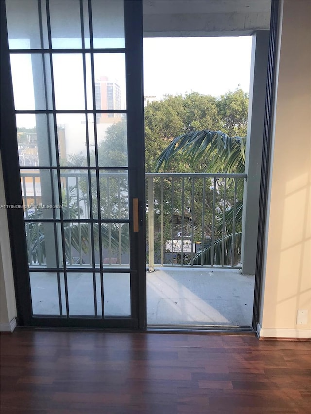 doorway with dark hardwood / wood-style flooring