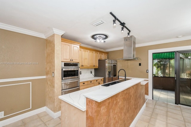 kitchen with light brown cabinets, track lighting, ventilation hood, sink, and stainless steel appliances