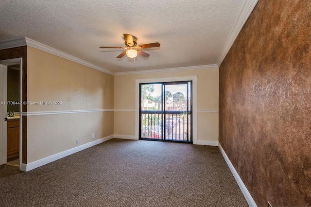 carpeted empty room with ceiling fan, a textured ceiling, and ornamental molding