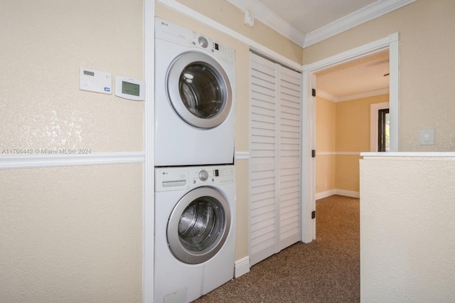 washroom featuring stacked washer / dryer, carpet floors, and ornamental molding