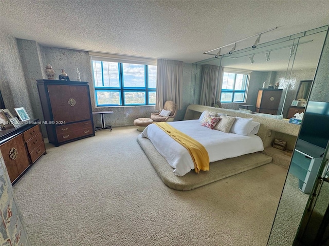 carpeted bedroom with a textured ceiling and rail lighting