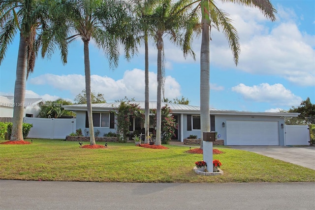 single story home featuring a garage and a front yard