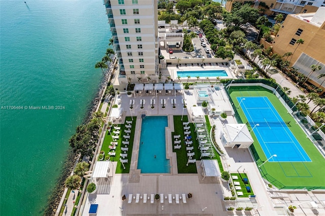 aerial view featuring a water view