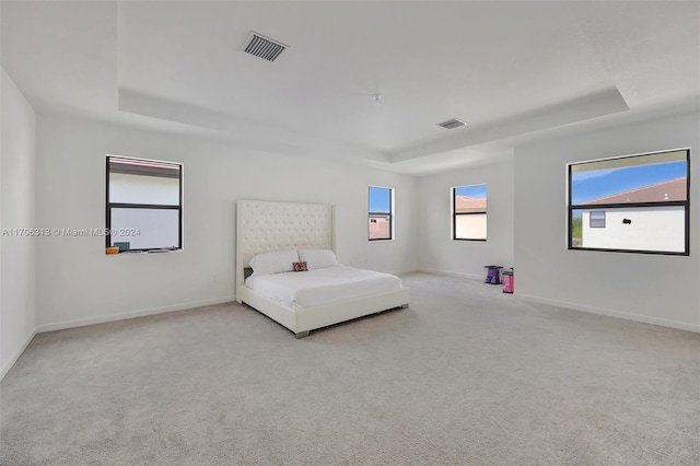 bedroom featuring light carpet and a tray ceiling