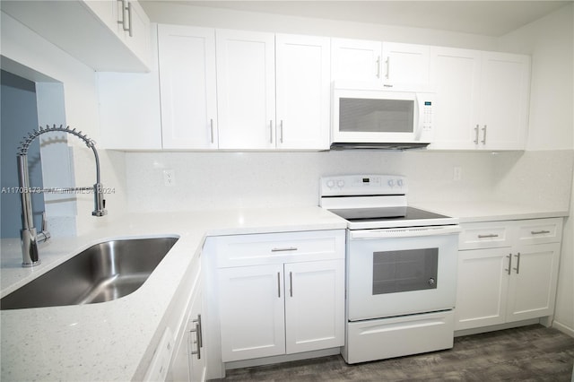 kitchen featuring white cabinets, white appliances, sink, and dark wood-type flooring