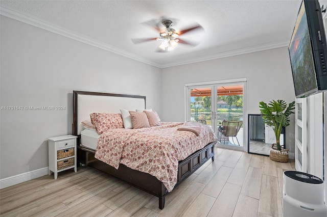 bedroom featuring ornamental molding, access to outside, ceiling fan, and light hardwood / wood-style floors