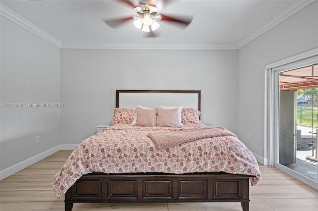 bedroom with access to exterior, ceiling fan, light hardwood / wood-style flooring, and crown molding