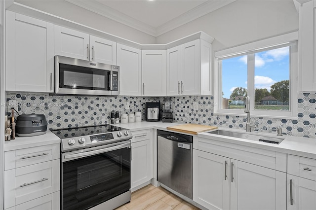 kitchen featuring decorative backsplash, stainless steel appliances, white cabinetry, and sink