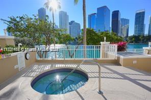 view of swimming pool featuring a hot tub