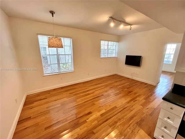 unfurnished living room with plenty of natural light, light hardwood / wood-style floors, and rail lighting