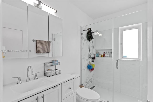 bathroom featuring vanity, toilet, and walk in shower