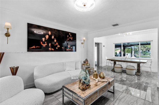 living room with crown molding