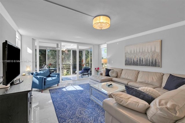 821 Cypress Blvd Unit 304, Pompano Beach, FL 33069 - living area with light marble finish floors, ornamental molding, and expansive windows