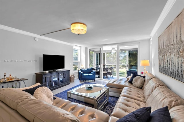 carpeted living room with ornamental molding