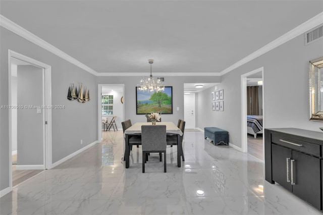 821 Cypress Blvd Unit 304, Pompano Beach, FL 33069 - dining space featuring a chandelier, crown molding, baseboards, and light marble finish flooring