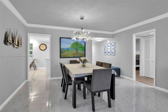 821 Cypress Blvd Unit 304, Pompano Beach, FL 33069 - dining space with light marble finish floors, a chandelier, baseboards, and crown molding