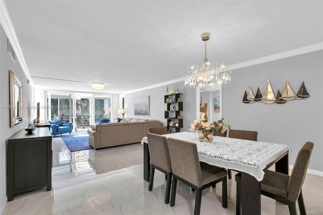 821 Cypress Blvd Unit 304, Pompano Beach, FL 33069 - dining area featuring crown molding, a chandelier, light marble finish flooring, and baseboards