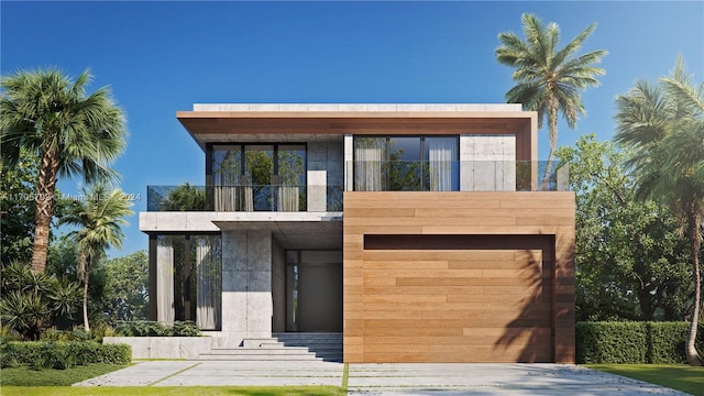 modern home with a balcony and a garage