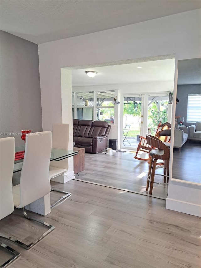 dining space with a wealth of natural light and light hardwood / wood-style flooring