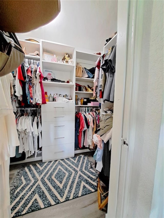 walk in closet with wood-type flooring