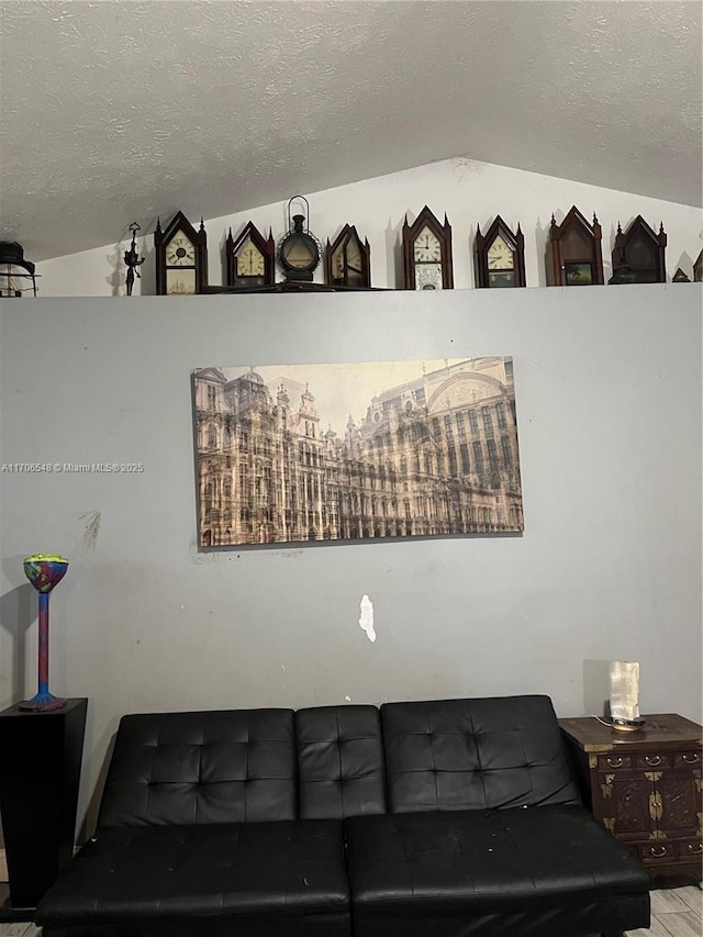 living room featuring vaulted ceiling and a textured ceiling