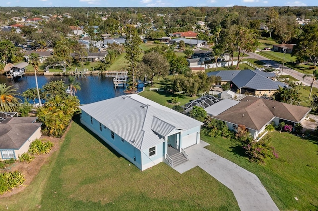 aerial view featuring a water view