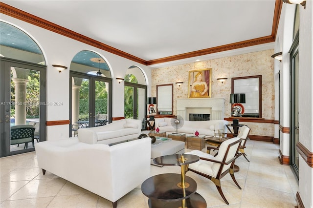 living room featuring ornamental molding and french doors