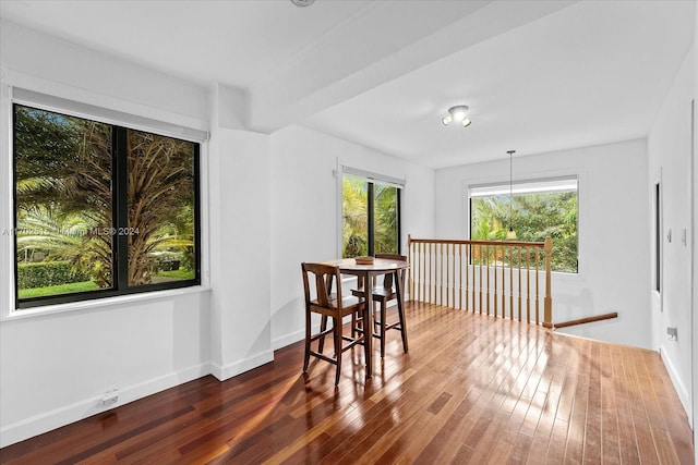 dining space featuring beam ceiling and dark wood-type flooring