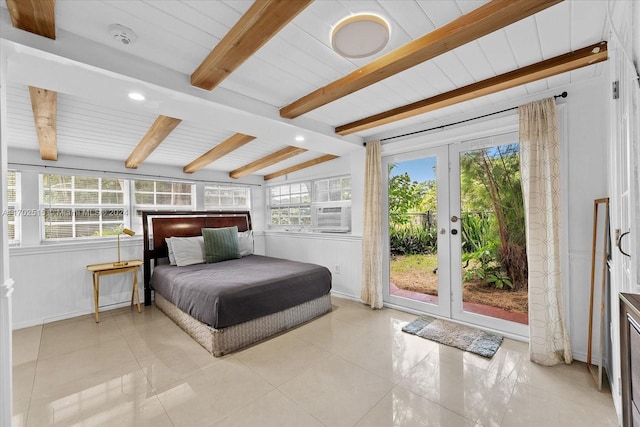 tiled bedroom with french doors, vaulted ceiling with beams, access to outside, and wooden ceiling