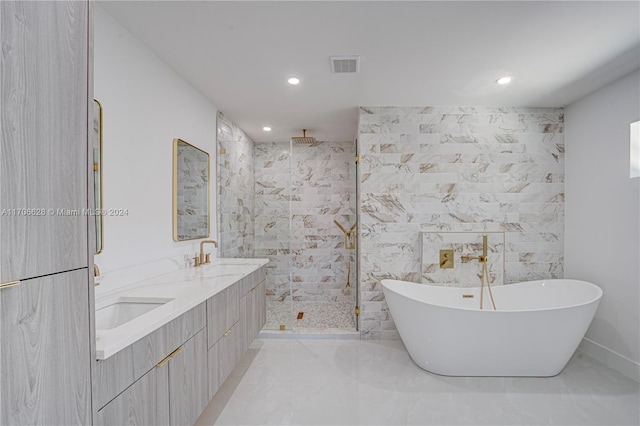 bathroom with vanity and plus walk in shower